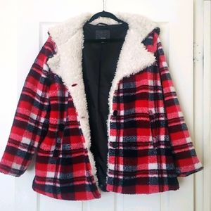Steve Madden Red & Black Plaid Hooded Fleece Coat